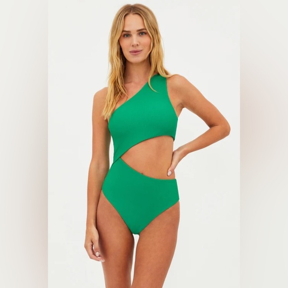 NEW BEACH RIOT GREEN CELINE RIBBED ONE PIECE CUTOUT SWIMSUIT M B2110 - Picture 2 of 7